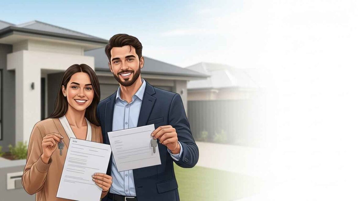A man and woman proudly display their house purchase papers, celebrating their first home buyer grant.