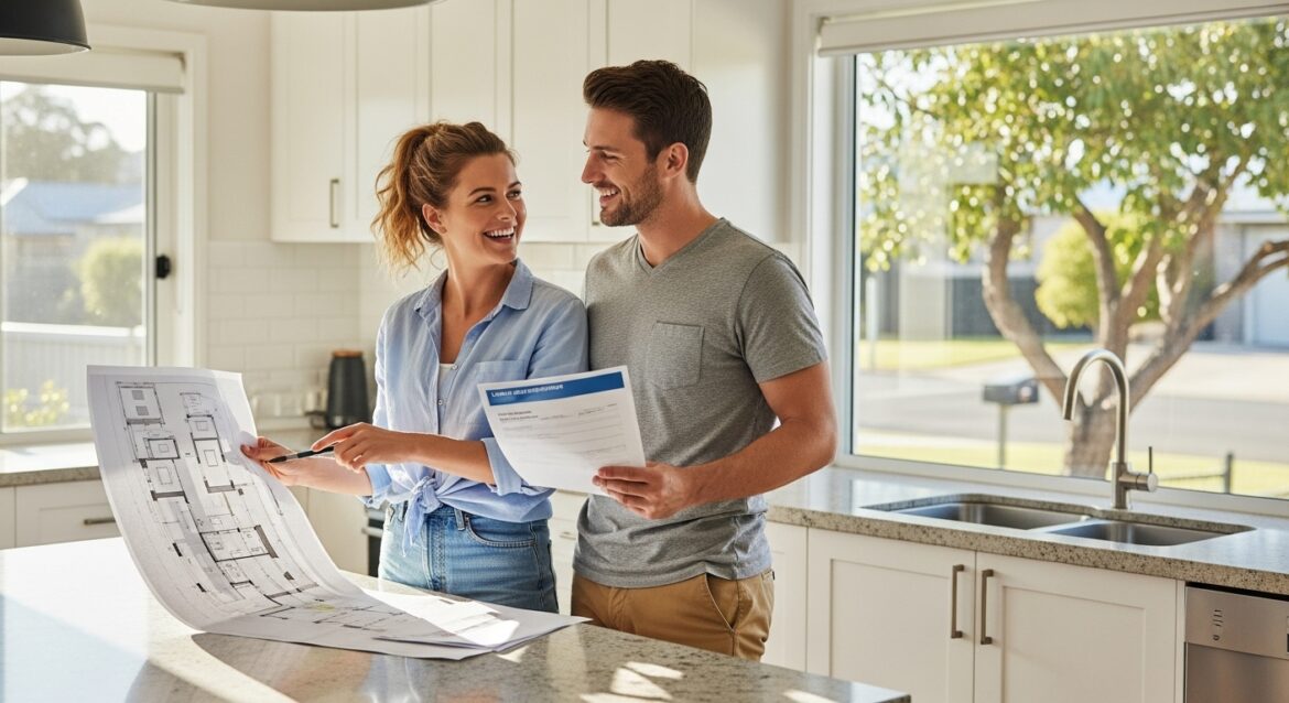 A couple in a kitchen reviewing blueprints, discussing their eligibility for first home buyer assistance.