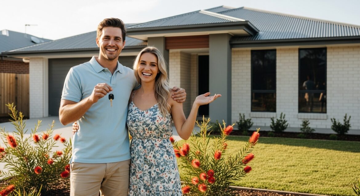 A couple proudly holds keys in front of their new home, celebrating their achievement as first-time home buyers.